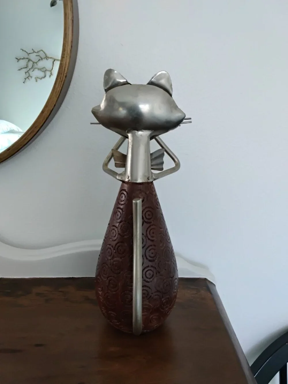 Pier 1 Wood And Metal Cat Figurine Playing Horn